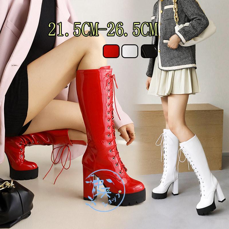 ロングブーツロングブーティージョッキーブーツ 太ヒール 厚底編み上げ