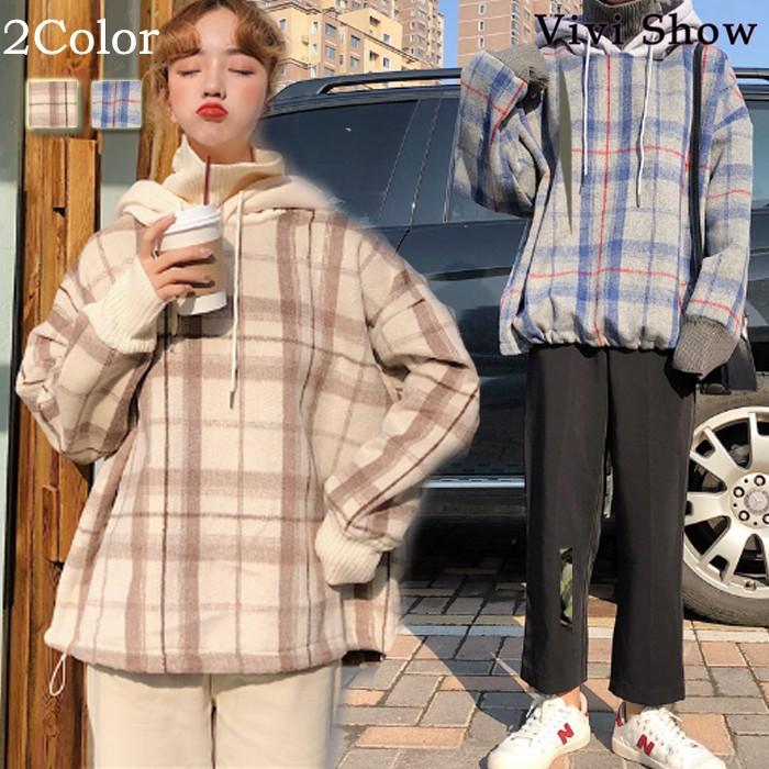 裏起毛パーカー レディース パーカ オシャレ 2色 チェック柄 一枚で