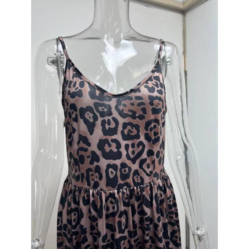 マキシ ワンピース ヒョウ柄 レオパード シフォン ノースリーブ