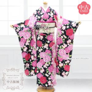 送料無料】【中古】 振袖 正絹（展示品 ランクS えんじ 赤 古典 桜