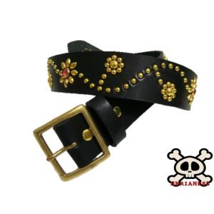 真鍮製バックル 栃木レザー フラワー型スタッズベルト 黒 ブルー