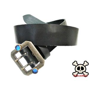 栃木レザー スタッズ付き 八角ダブルピンバックルベルト 黒 アクア