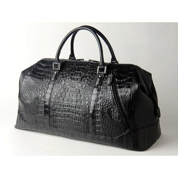 ボストンバッグ 本革 カイマンクロコダイル 旅行用バッグ ブラック