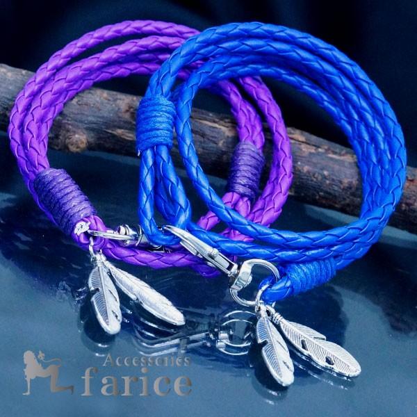 レザーブレスレット 巻きつける 3連 重ね付け風 フェザー 羽 三つ編み