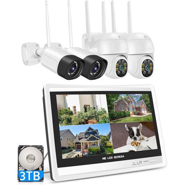 防犯カメラ カメラ4台 12インチ液晶一体型NVR 3TBHDD内蔵 ワイヤレス
