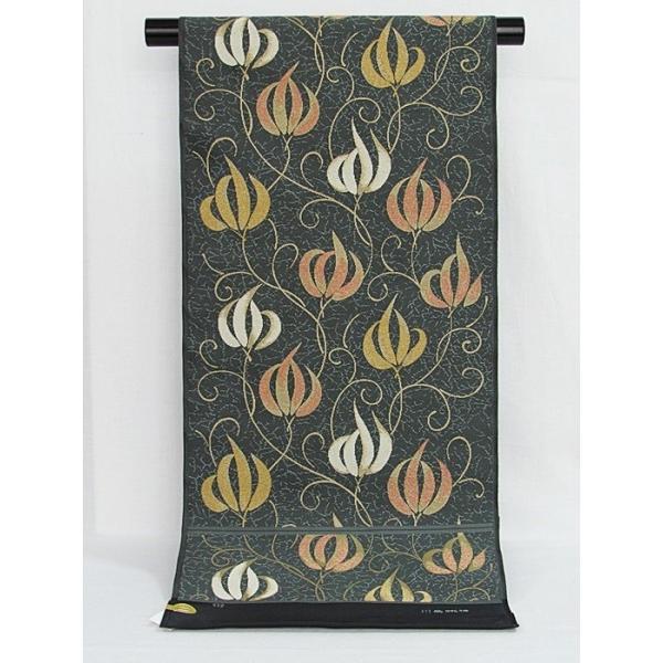 川島織物】織九寸名古屋帯／瓜草文☆黒地／グレーイッシュグリーン