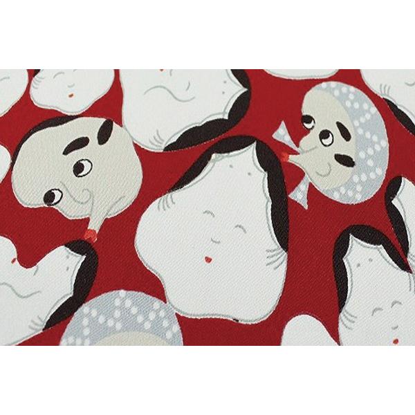 在庫処分 長襦袢 友禅染 赤 おかめひょっとこ 模様 正絹 反物 和装