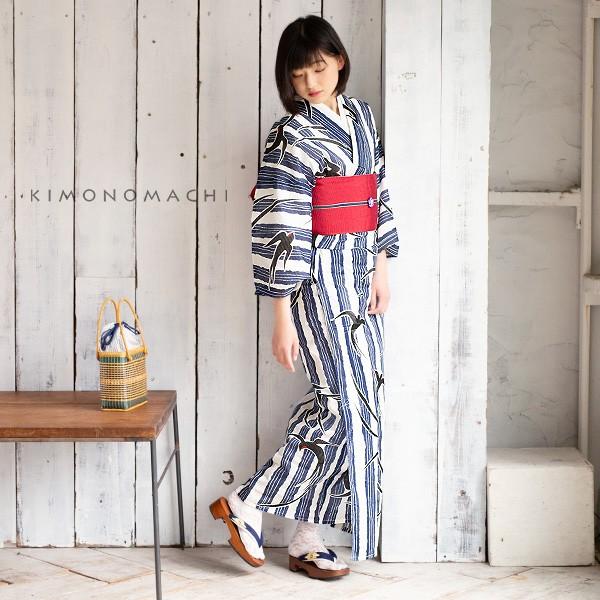 KIMONOMACHI （Prices down2）浴衣 レディース 「縞にツバメ 紺」綿絽