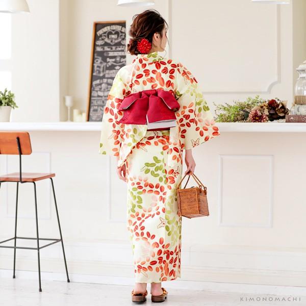 KIMONOMACHI レディース 浴衣2点セット(浴衣+帯)「浴衣 赤×緑 萩+半幅