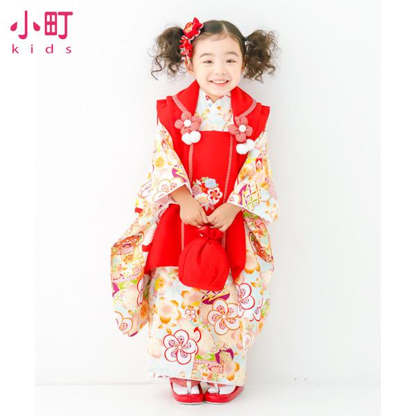 七五三 着物 3歳 フルセット 女の子 ブランド 小町 「水色地 ねじ梅と