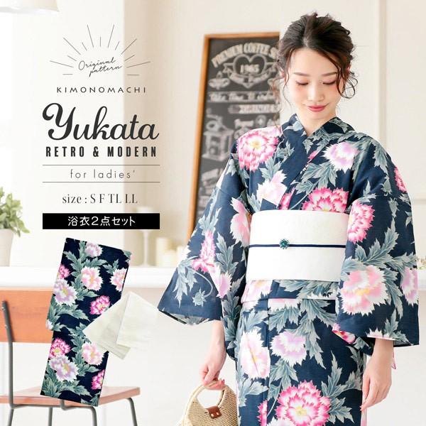KIMONOMACHI レディース 浴衣2点セット(浴衣+帯)「浴衣 紺色 芍薬+帯