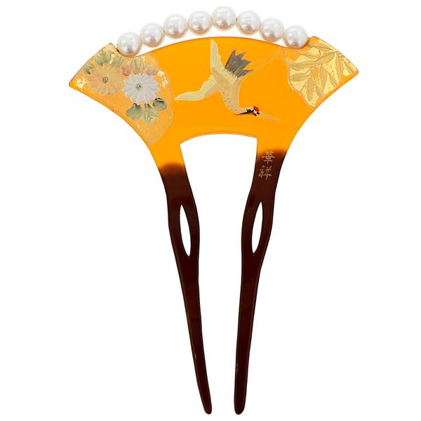 かんざし 髪飾り パール 銀杏型「鼈甲 べっこう調 鶴と雲」 訪問着