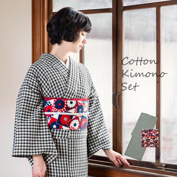 KIMONOMACHI 洗える着物 木綿着物と木綿名古屋帯の2点セット 「黒