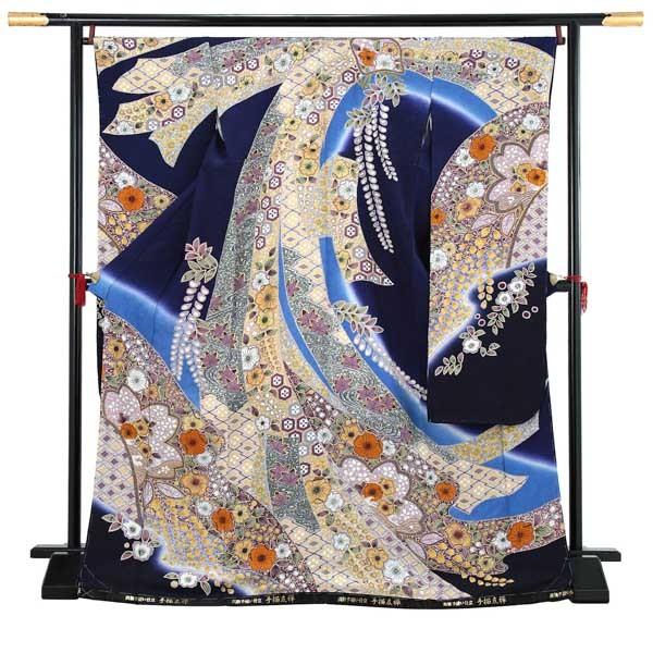 新古品)お仕立て上がり 振袖単品 「紺藍 辻が花、束ね熨斗」 振り袖