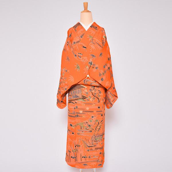 Prices down3）(中古品)仕立て上がり 袷着物 「オレンジ 庭風景」 小紋