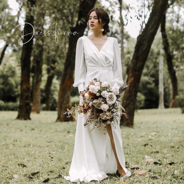 ウエディングドレス 購入 袖あり 白 二次会 安い エンパイア 花嫁