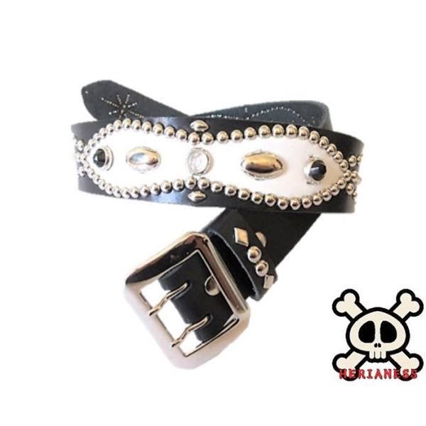 栃木レザー スタッズベルト ピーナッツ型 黒 ホワイトレザー 40mm幅