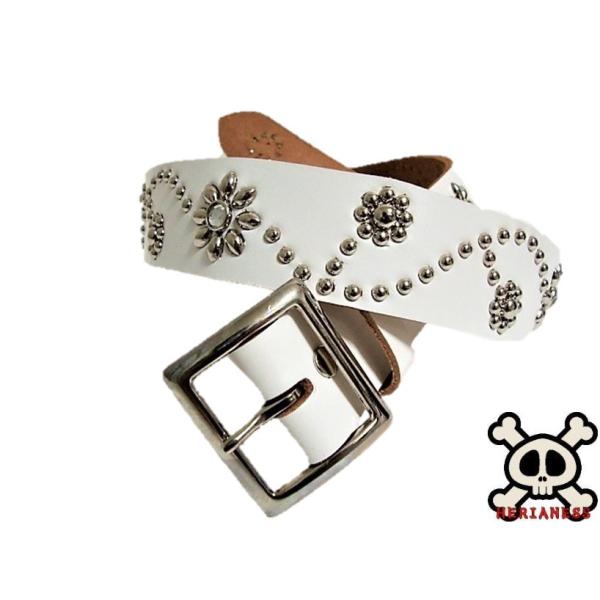 栃木レザー フラワー型 スタッズベルト 白 クリスタルスポッツ 日本製