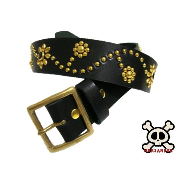 真鍮製バックル 栃木レザー フラワー型スタッズベルト 黒 ブラック