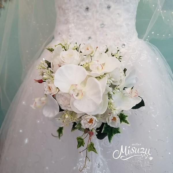 胡蝶蘭ラウンドブーケセット ホワイト 上質 海外挙式 ブライダル : 花