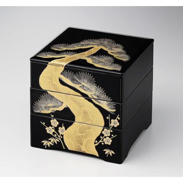 お重 和食器 三段重 6.5寸 木繊 黒内朱 金松台 共足 会津漆器 会津塗り