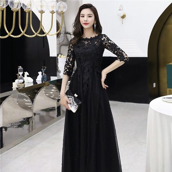 ロングドレス 演奏会 パーティードレス ブラック 黒 袖あり レディース