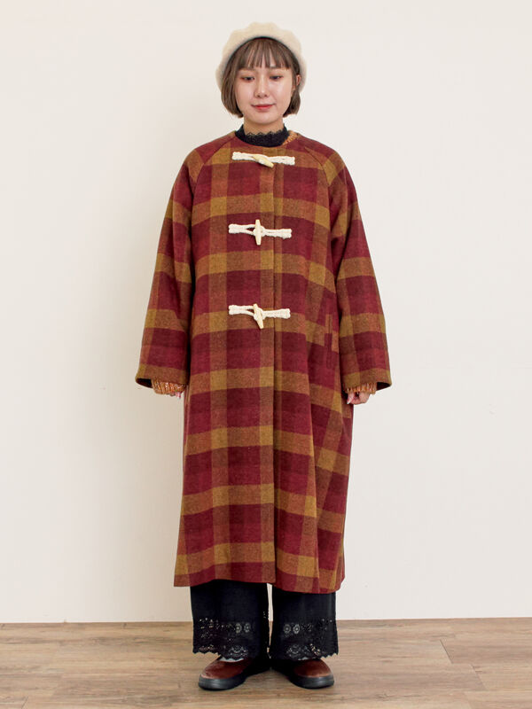 セール】 [タスマニアウール]2WAY襟ロングコート（ブラック/ボルドー