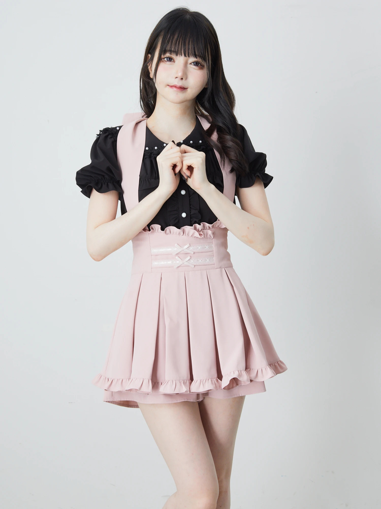 TRALALA 希少 ドット柄 リボン ブラックシフォンピンクレーススカパン