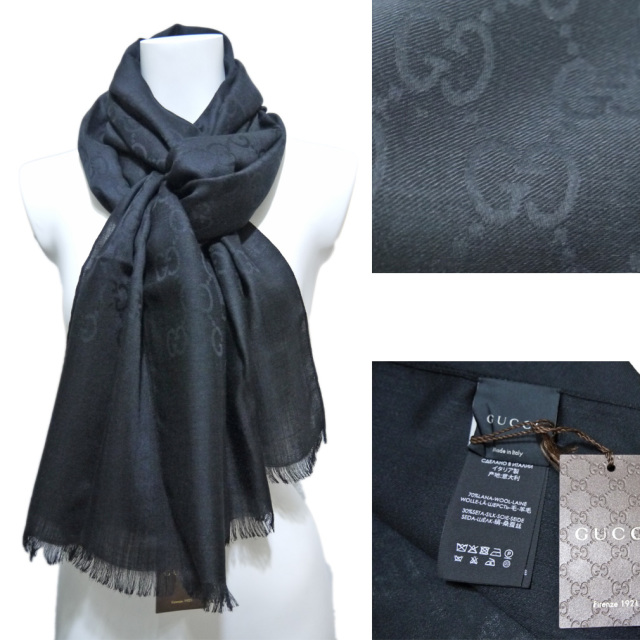 グッチ ウール×シルク GG柄 ストール 黒 GUCCI