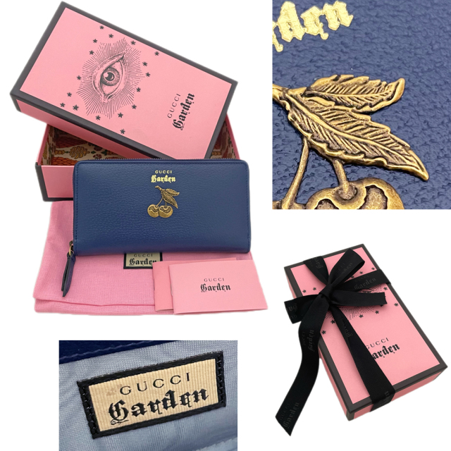 グッチガーデン チェリー ラウンドファスナー長財布 紺 GUCCI garden