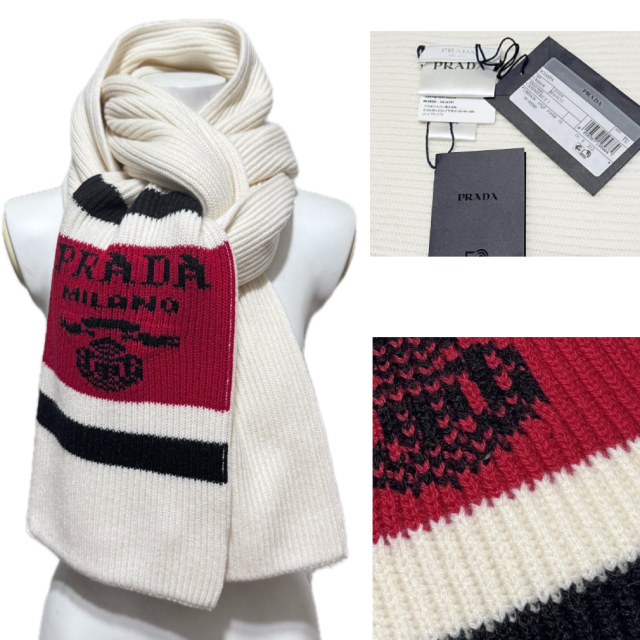 プラダ カシミア100％ 厚手 ニットマフラー 白 PRADA