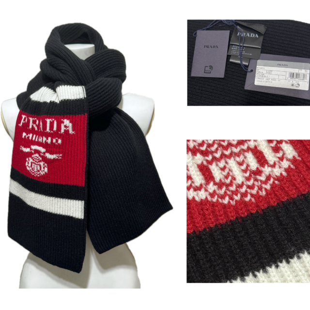 プラダ カシミア100％ 厚手 ニットマフラー 黒 PRADA