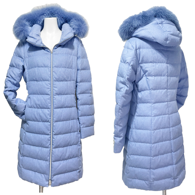 ヘルノ カシミア×シルク×FOXファー ダウンコート PI1170D ブルー #42