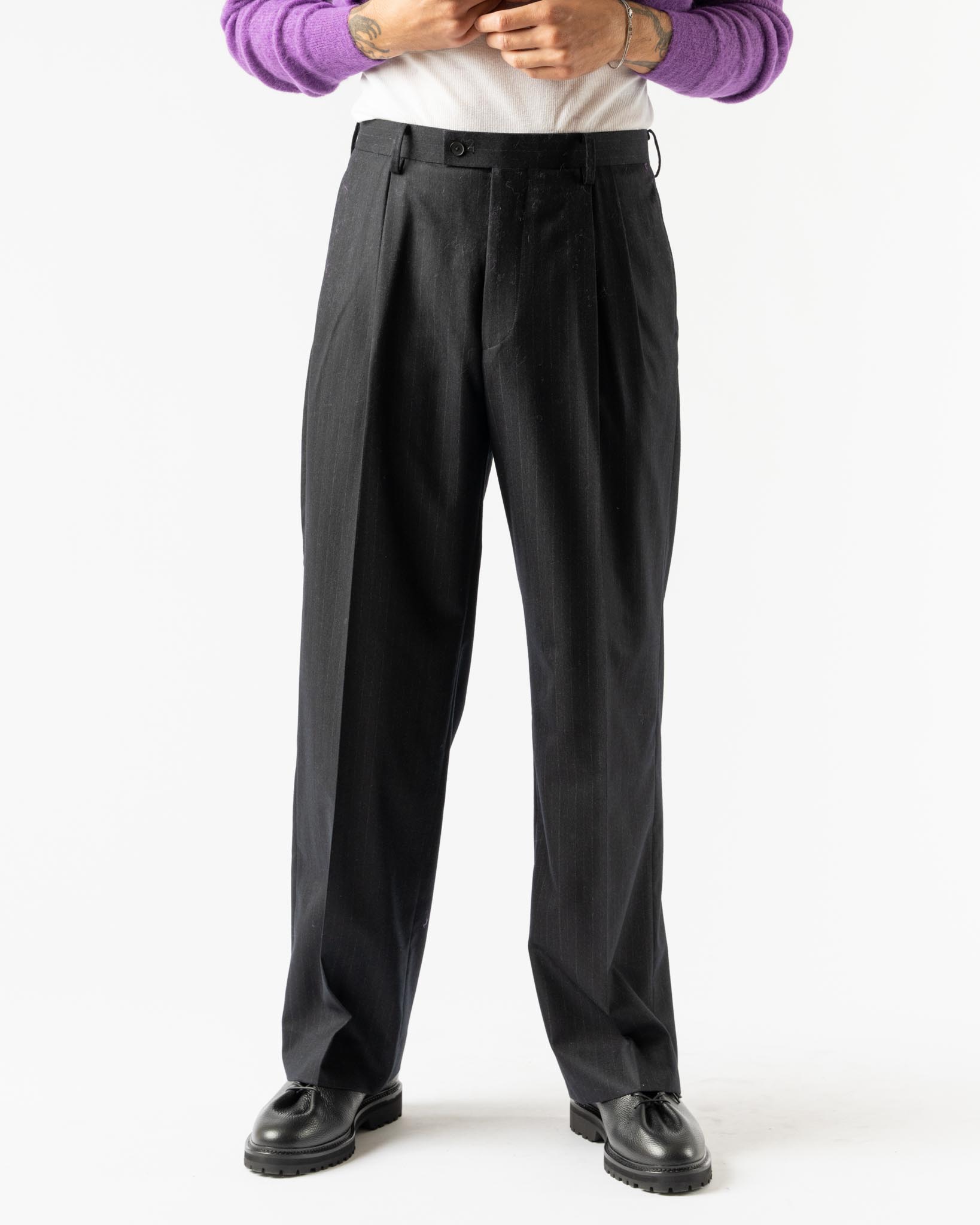 Auralee Wool Fulling Flannel Stripe Slacks in Dark Navy Curated at