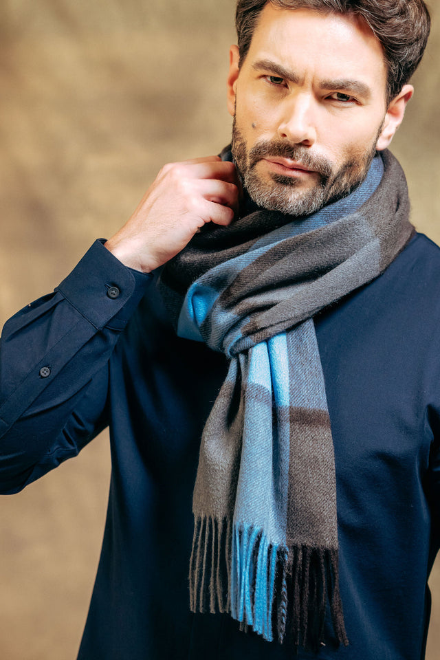 Joshua Ellis | Classic Check Ripple Cashmere 100% Scarf - Grey x