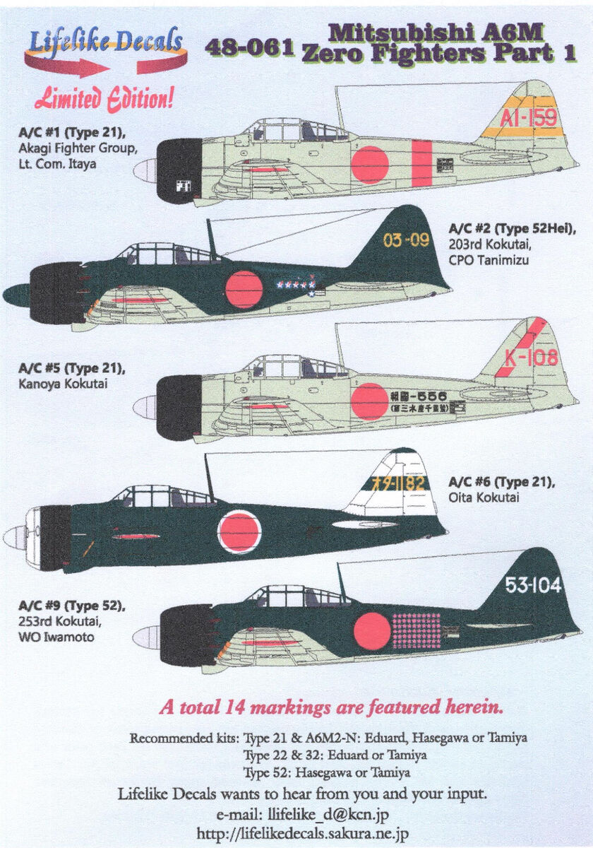 Mitsubishi A6M Zero - Part 1 (14 schemes) Lifelike Decals 48061