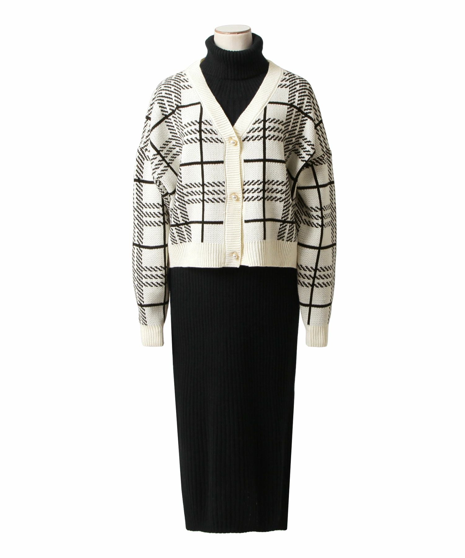 2点セット・チェック柄カーディガン×タートルネックニットワンピース