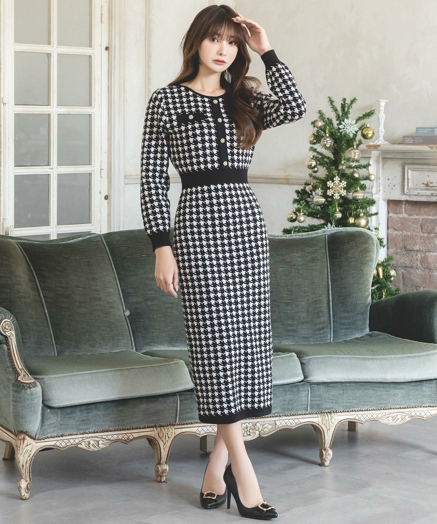 丈が選べる千鳥格子柄タイトニットワンピース JB23598 | レディース