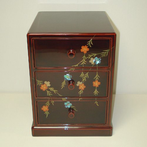 輪島塗 小箪笥 三段-しだれ桜の蒔絵仕上げ- [内外面ともタメ色] 螺鈿