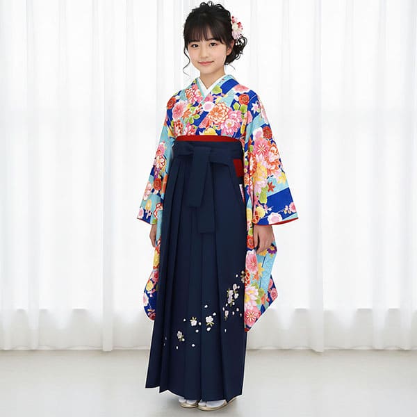 黒地に椿・紫袴（刺繍） （小学生）／卒業式 | 宅配着物レンタルの京都