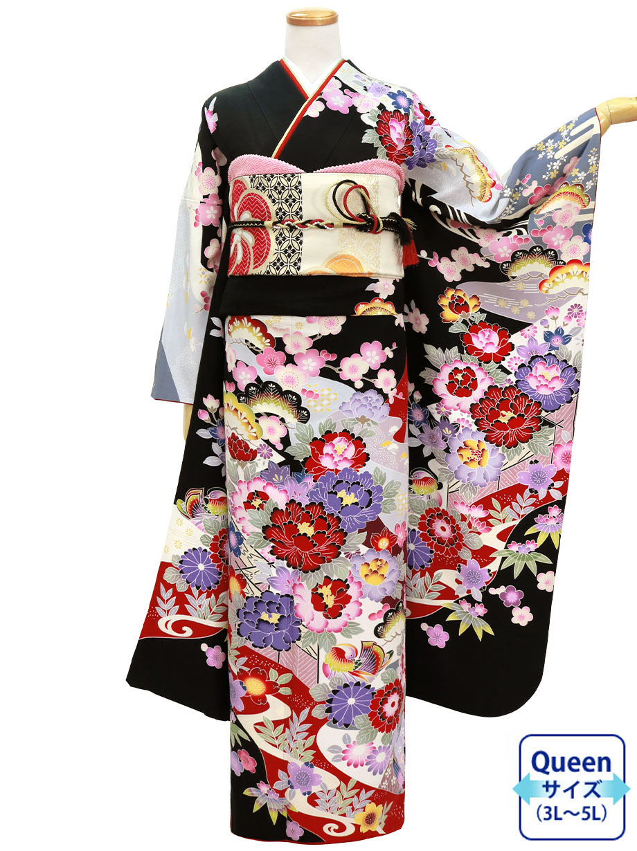 黒地に京紅型風の振袖／Queenサイズ | 宅配着物レンタルの京都かしきもの