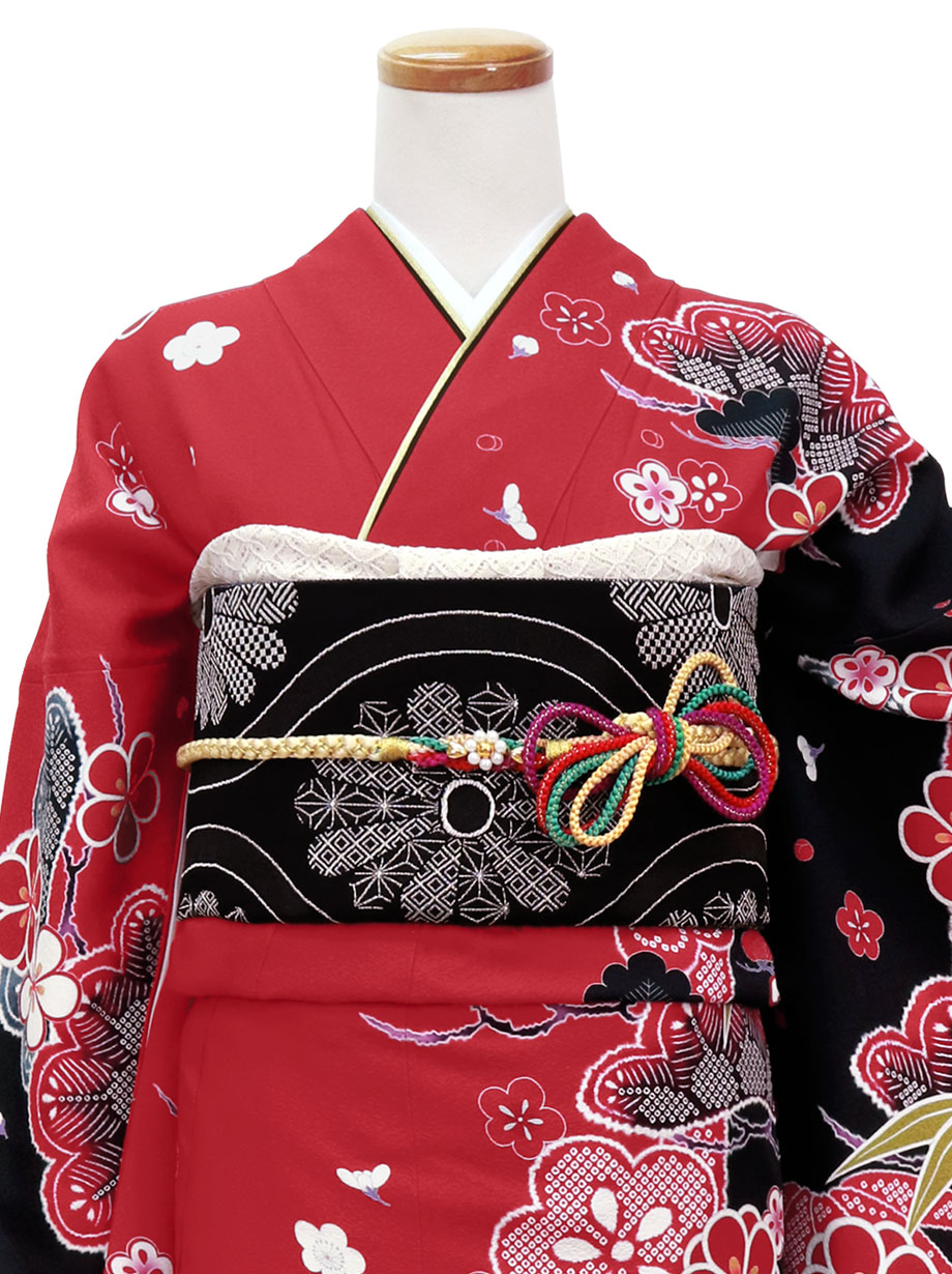 黒と赤に松竹梅の振袖／標準サイズ | 宅配着物レンタルの京都かしきもの