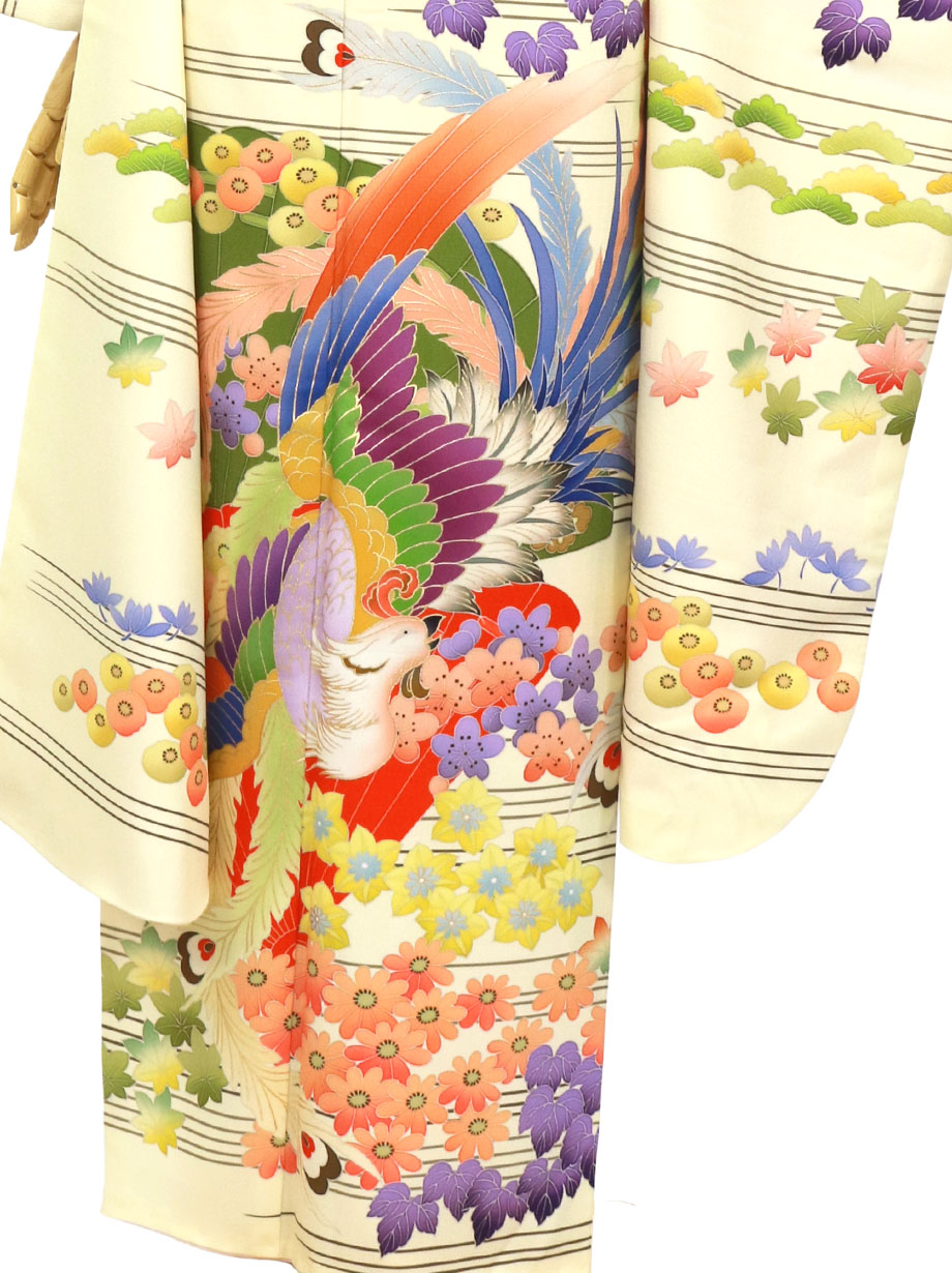 クリーム地に桐竹鳳凰文の振袖（ポリエステル）／標準サイズ | 宅配