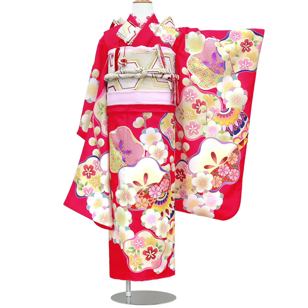 赤地に梅の着物（ピンク）／七五三・七歳女の子 | 宅配着物レンタルの