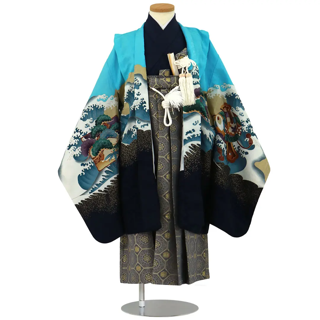 水色地に鷹と富士、藍鼠の袴／七五三・五歳男の子・袴 | 宅配着物