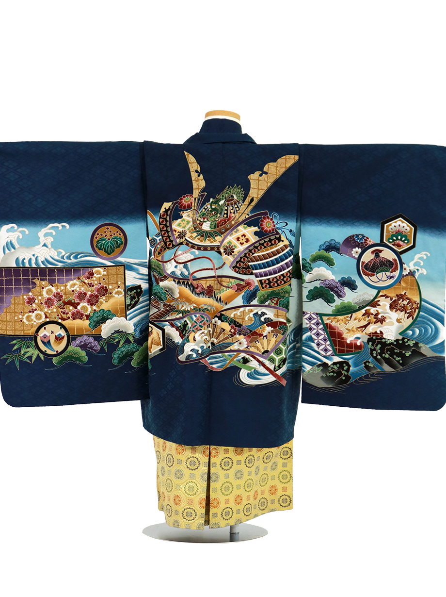 七五三 五歳 男児 羽織袴フルセット 着物 紺地 兜 袴変更可能 NO39694