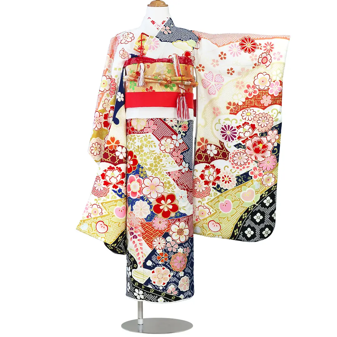 式部浪漫》白と紺の辻が花風の着物／七五三・七歳女の子 | 宅配着物