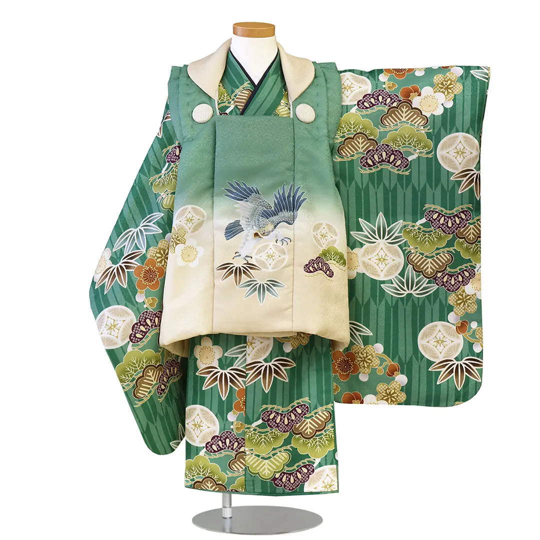 花うさぎ》緑地に濃緑の矢絣と松竹梅、鷹の被布コートセット／七五三