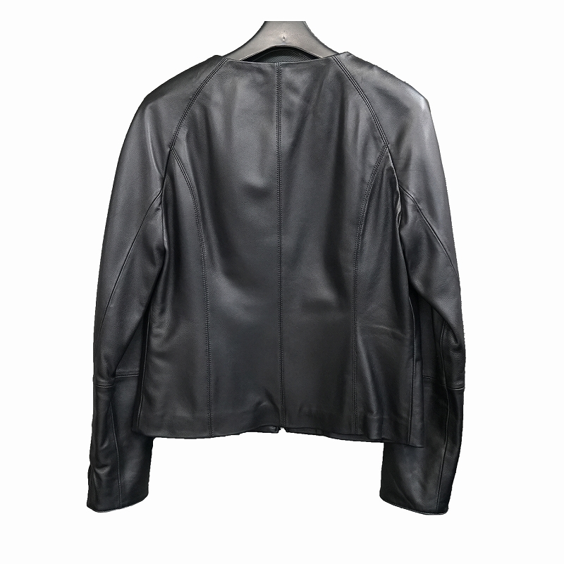 レディース ラム革 ノーカラー レザージャケット S/M/L/LL/3L ブラック