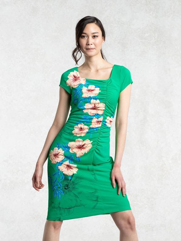 エメラルドグリーン スクウェアネックサイドギャザーワンピース– kay me